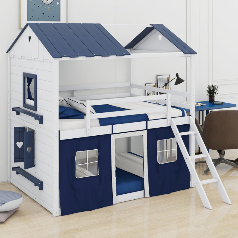 Lit superposé en bois avec élégantes fenêtres, rebords et tente, Bleu / blanc