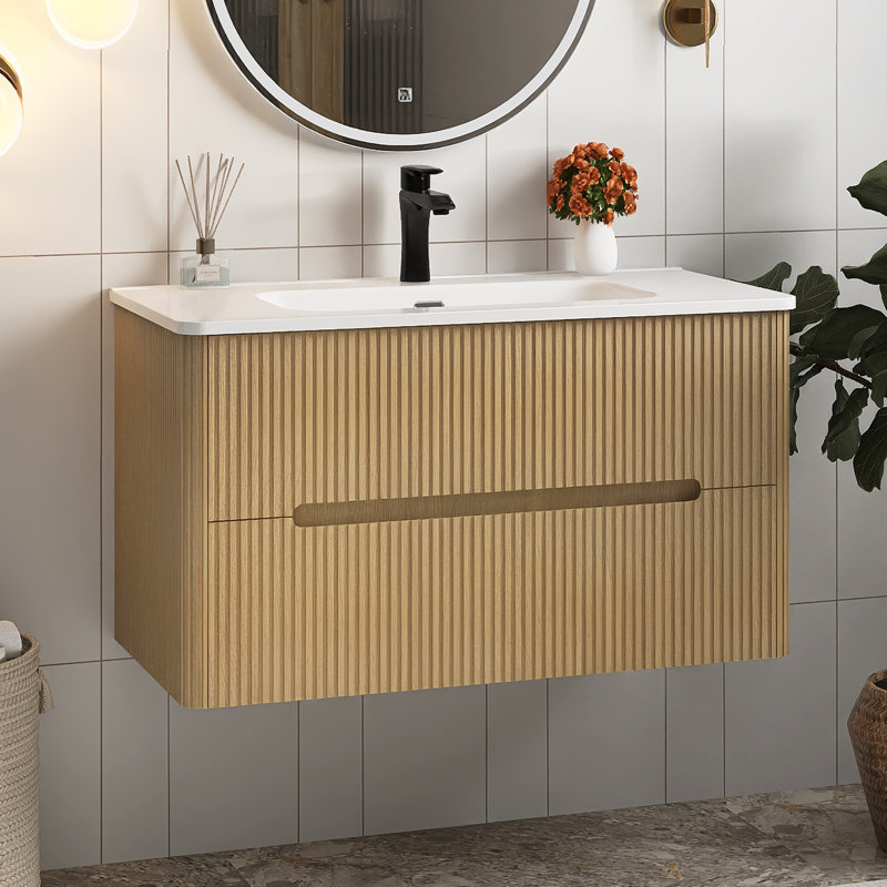 Meuble-lavabo mural simple 36 po avec comptoir en céramique 36 po, Chêne clair