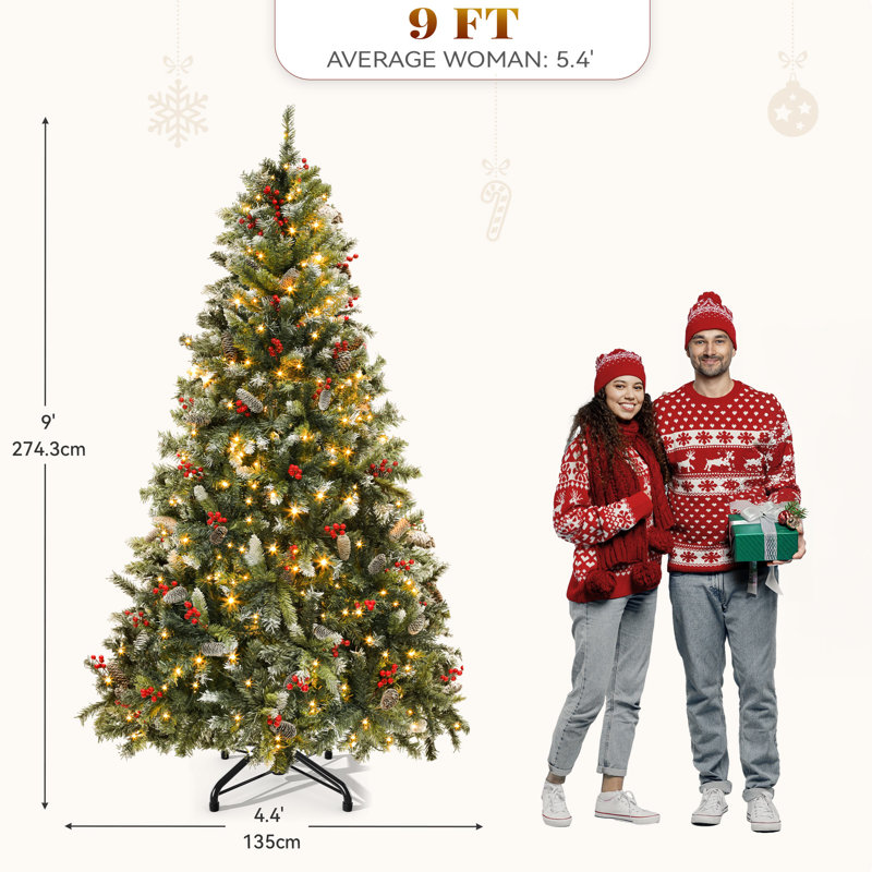 Arbre de Noël artificiel pin givré 9 pi avec pommes de pin et baies pré-éclairées 9 pi, 9'