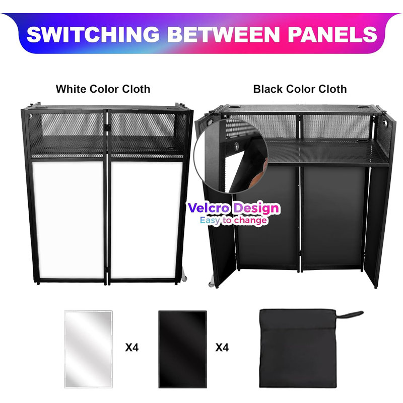 Table de DJ portative à 2 niveaux, 110 cm (H) x 98 cm (L). Support de devant DJ robuste en métal double couche avec écrans d'éclairage noir et blanc pour fêtes, mariages et spectacles.