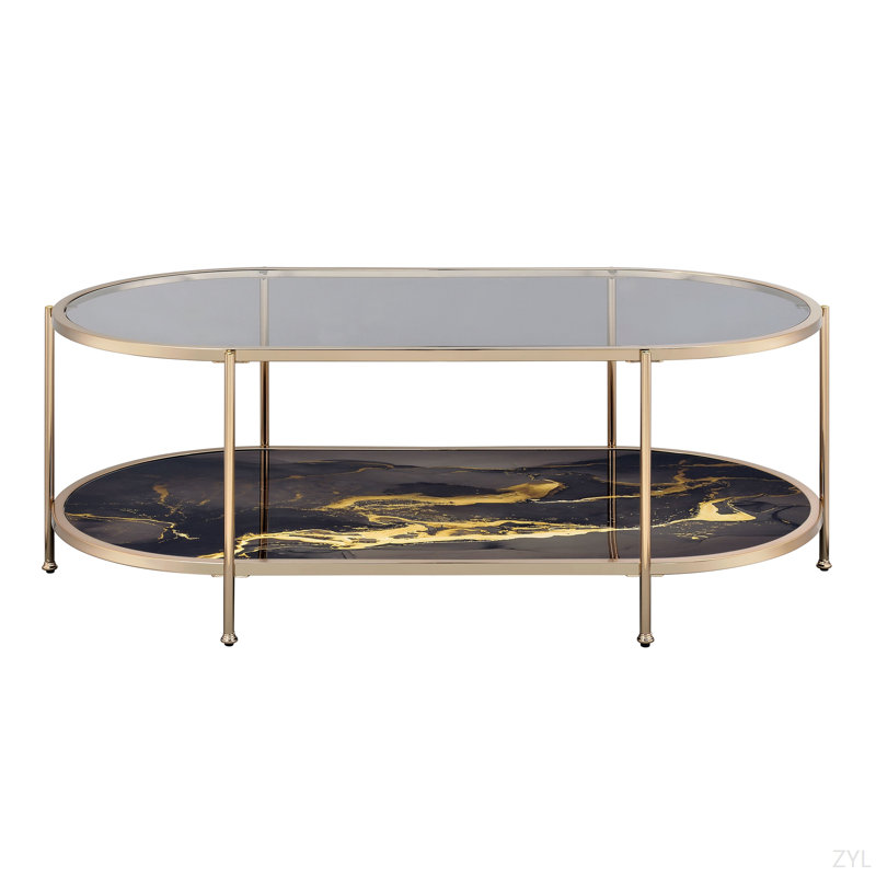 Black Marble Print, Glass & Champagne Finish Coffee Table