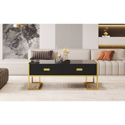 Table basse moderne moderne noire avec 4 tiroirs et base dorée de 47,3 po