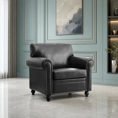 Rolled-Arm Faux Leather Sofa with Nailhead Trim