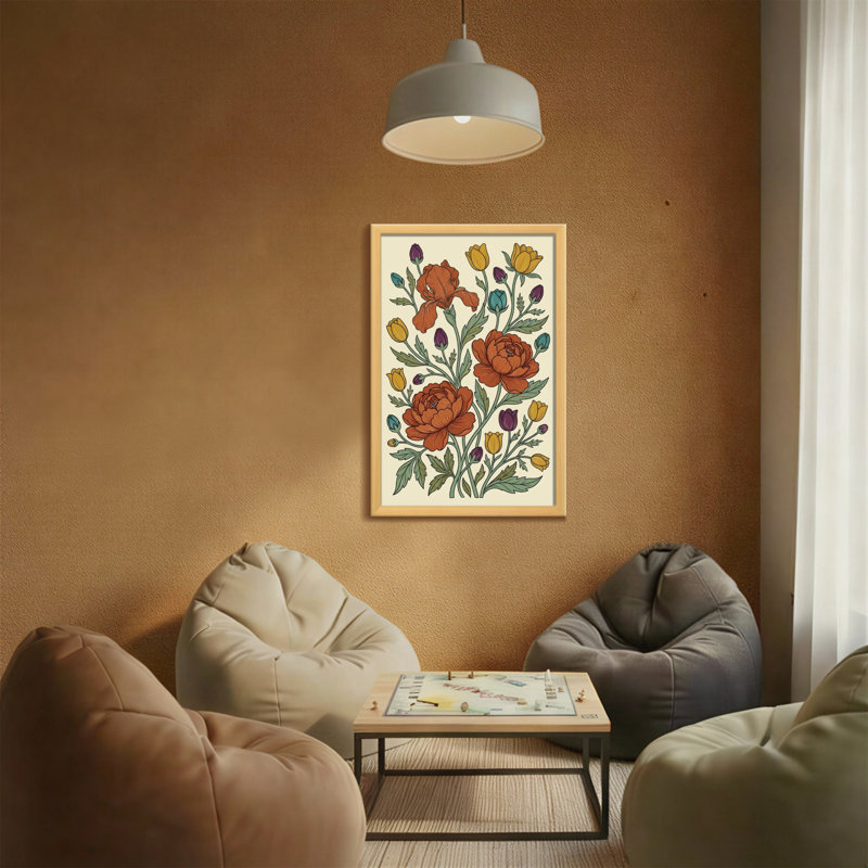 Motif floral de plantes et de fleurs avec des fleurs orange et jaunes, H 30 po x l 20 po