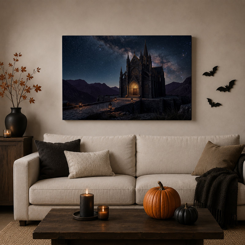 Cathédrale de pierre illuminée sous un ciel étoilé - Toile murale d'Halloween, 24"H x 36"W