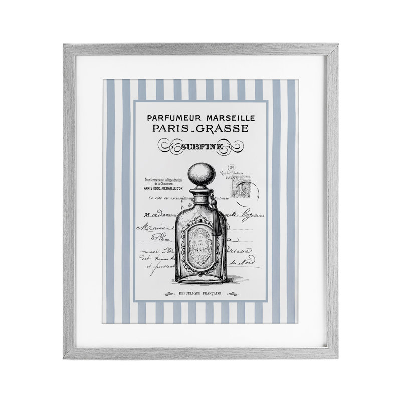 Parfum français sur rayures, reproduction encadrée sous verre, design par lettré et doublé, H 16 po x l 13 po