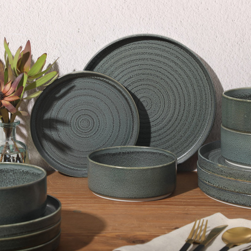 Gibson Elite Echo Bay 12 Piece Porcelain Reactive Glaze (Service for 4) Ceramic Plates and Bowls Modern Stackable Dinnerware Set -