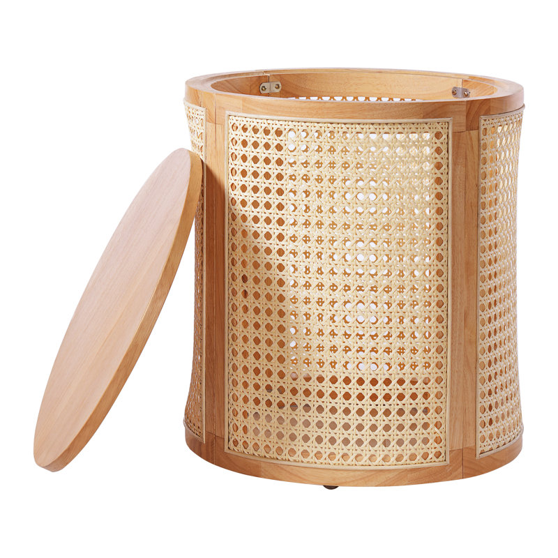 17.8"H Rubber Solid Wood Frame Rattan Grid Design Side Table, With Removable Rubber Solid Wood Panel Top End Table , Rustic Greenery Stand