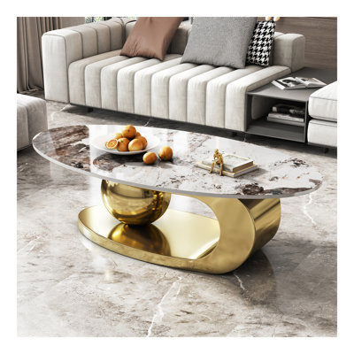 Table basse 49,2 pouces ovale en faux marbre pour salon avec base en acier inoxydable