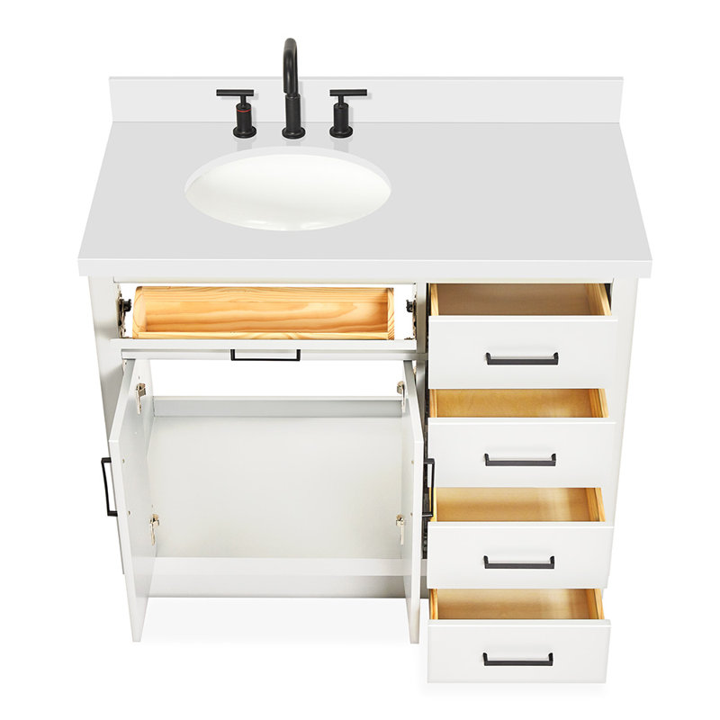 Meuble-lavabo simple en bois massif 42 po Tidworth avec plateau en quartz blanc 1,5 po, Gauche, Ovale, Blanc