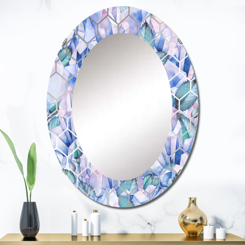 Miroir mural traditionnel à feuilles bleues et cristal rose, 36 po x 24 po