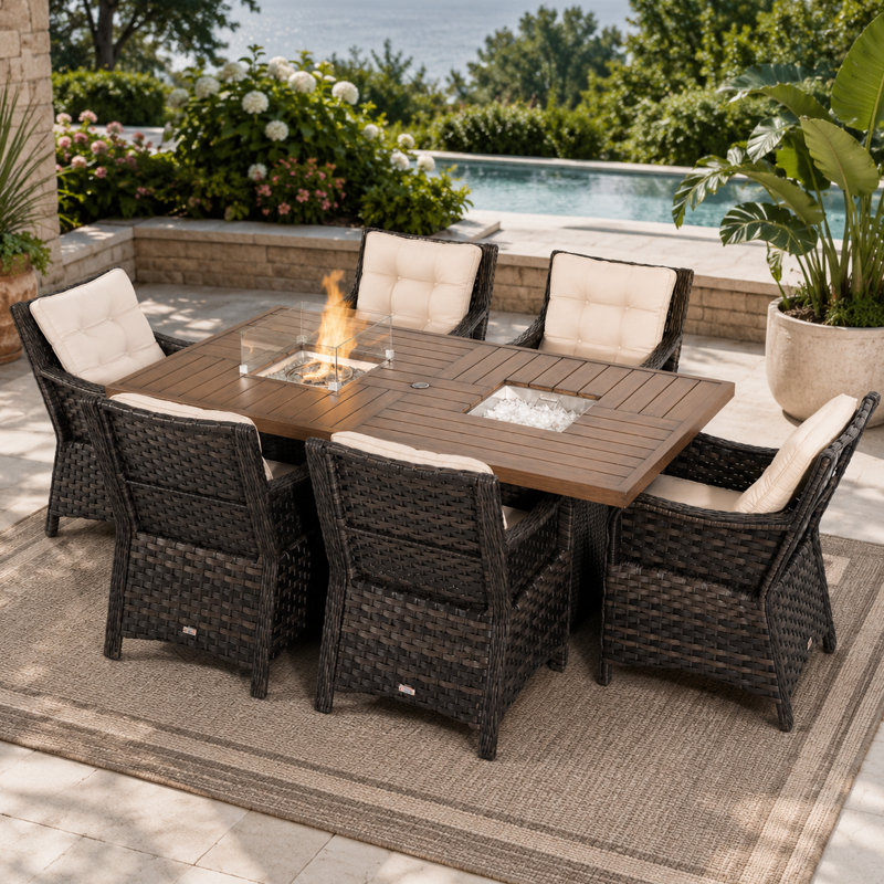 6 - Person Wicker Patio Dining Set With Rectangular Table , Cushions Included