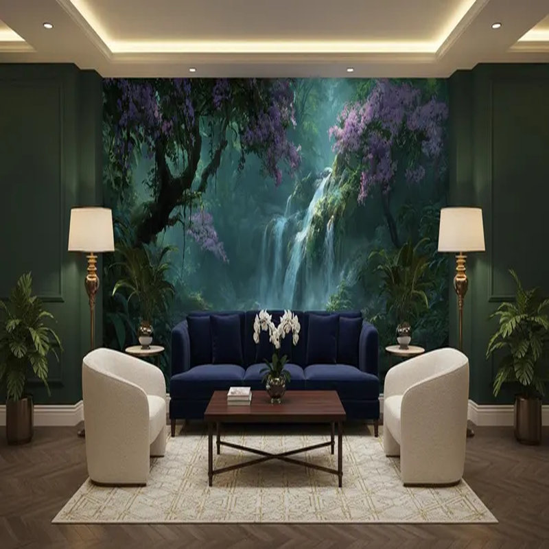 Murale forêt cascade émeraude enchantée, 96" L x 108" W
