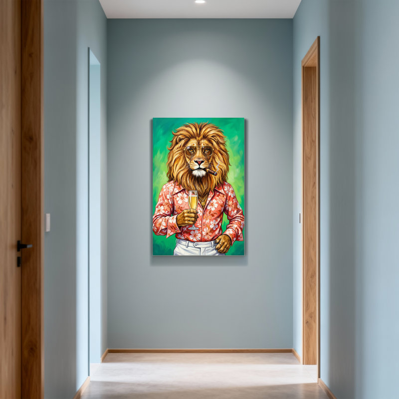 Animaux, lion dans une chemise hawaïenne avec champagne et cigare, H 18 po x l 12 po