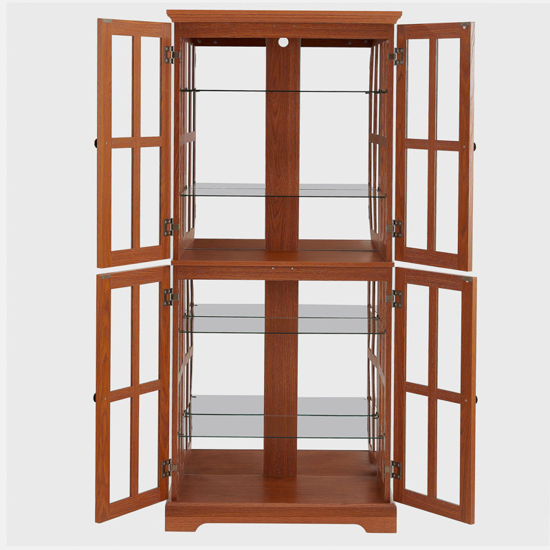 Curio Display Cabinet, Antique Display Cabinet with Glass Doors Adjustable Shelves for Collectibles Four Door Design Vintage Showcase for Home or Office Antique Display Case E26 Bulb Included DARK OAK
