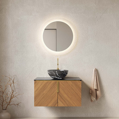 Meuble-lavabo de salle de bain 30 po, meuble-lavabo flottant avec double comptoir en pierre frittée et cuve en céramique avec motif de pierre