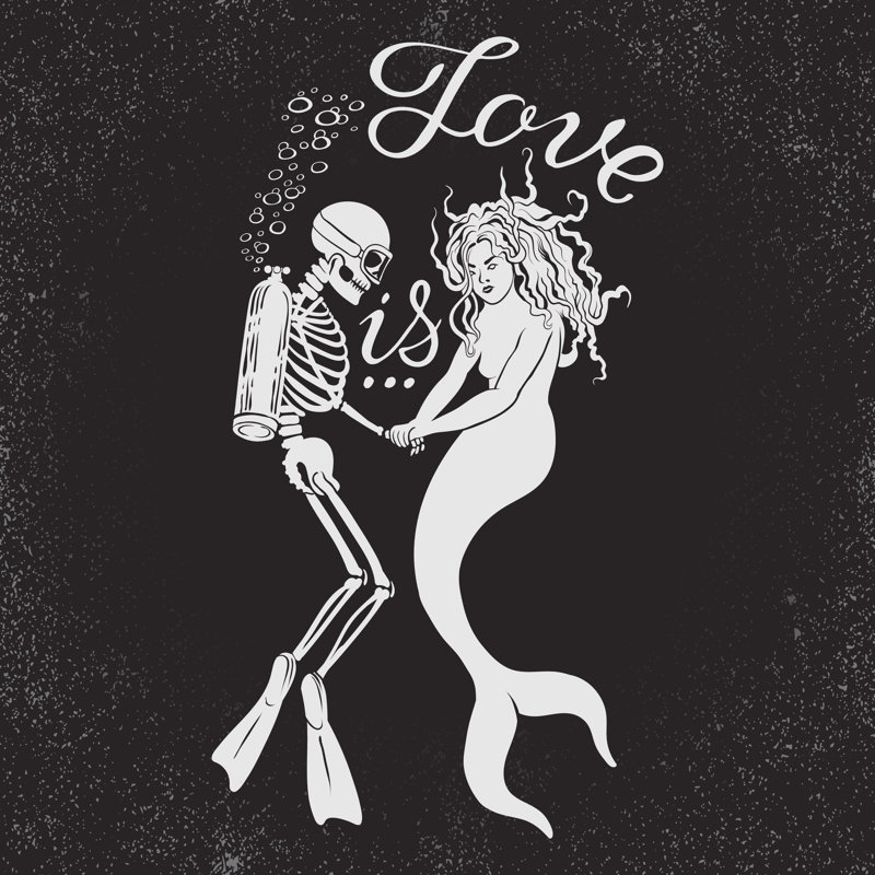 «Diver mort avec sirène et phrase Love Is», impression sur toile, H 36 po x l 36 po