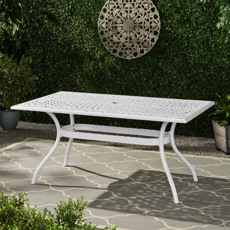 Rectangular Outdoor Table - Cast Aluminum Build, Floral Detail, Umbrella Slot, 66.55" W X 36.72" D 29.4" H, White Dining Aluminum, Glamorous , Hole, 67" 37.5"