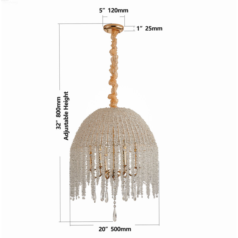 Lustre en cristal moderne de 20 pouces avec cascade de perles de raisin en cascade, or, 39 pouces