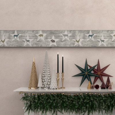 GB4032g8 Grace & Gardenia Distressed Wood Peel and Stick Wallpaper Border Farmhouse Colorful Animals 8in Height x 15ft Long, Soft Gray Neutral Off White Blue Brown
