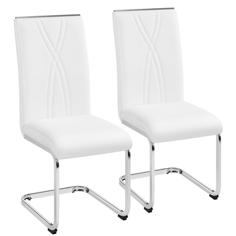 color Faux Leather Dining Chairs with Chrome Legs Upholstered Modern Design, White