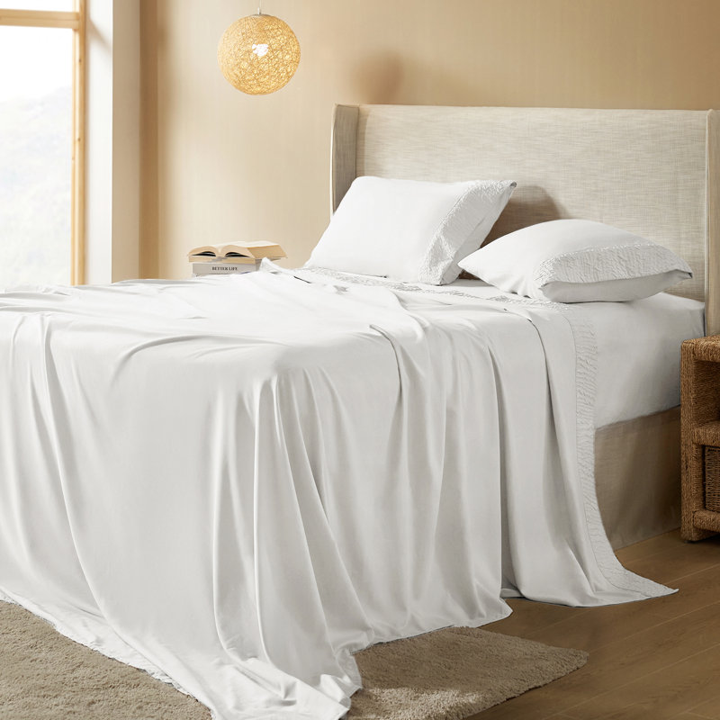 Draps et taies d'oreiller en polyester, Blanc, Ensemble de draps pour lit double avec 2 taies d'o