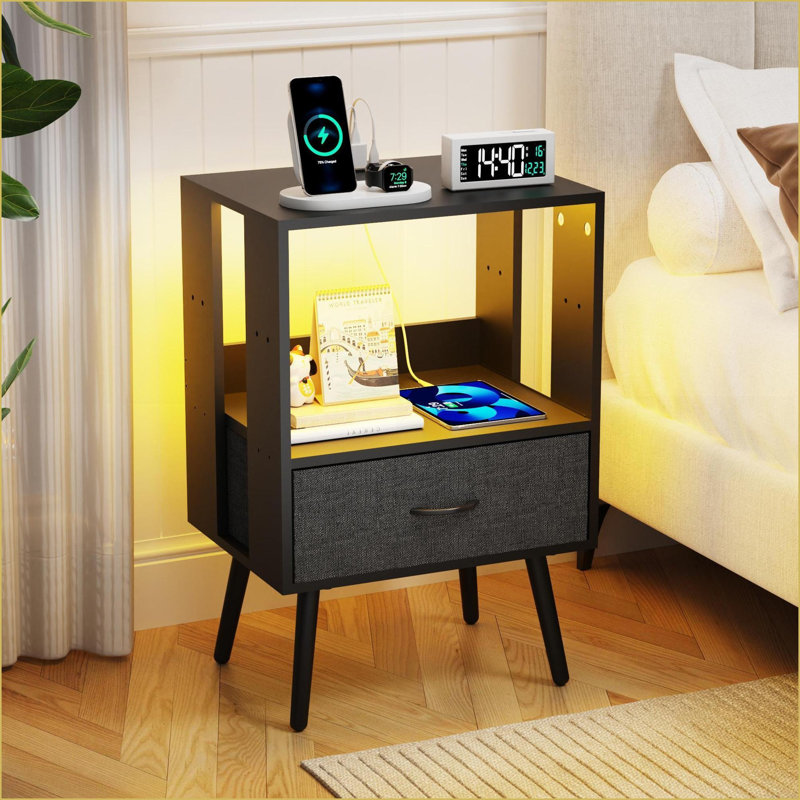 2 Pack Modern Nightstand with Charging Station, LED Light and Fabric Drawers, Black