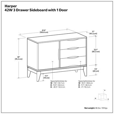Harper 42"W Solid Wood Mid-Century Modern 3-Drawer Sideboard With Notched Handles