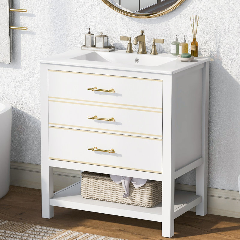 Armoire de salle de bain moderne 30 pouces - blanc, intérieur spacieux, espace ouvert, espace de rangement blanc avec détails or, options polyvalentes, détails