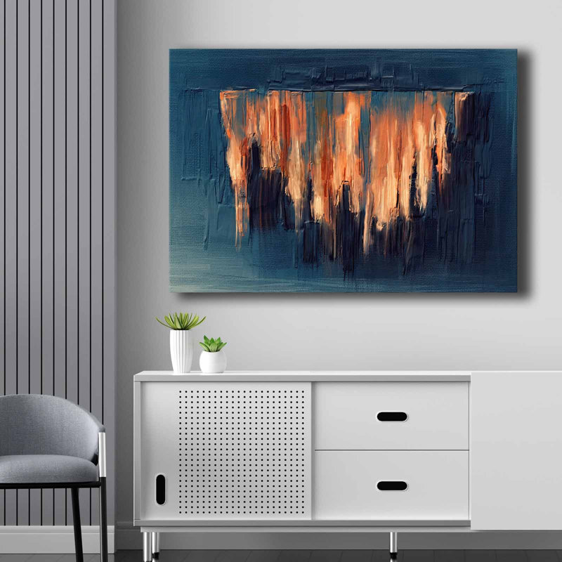 Superbe peinture décorative sur toile, bleu et bleu marine avec accents orange, 27,6 po x 39,4 po | 100% toile (épaisseur: 0,11 pouce) et cadre 100% bois de pin (épaisseur: 0,87 pouce) | Parfait pour la décoration intérieure et les amateurs d'art