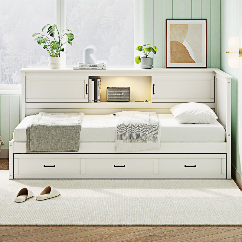 L-Shaped Bed Frame with Drawer and and Bookcase