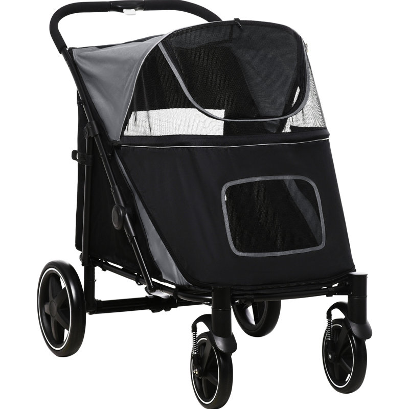 Poussette pliable pour chien de taille moyenne et grande - Confortable, pliable gris, antichoc, filet, compartiment de rangement