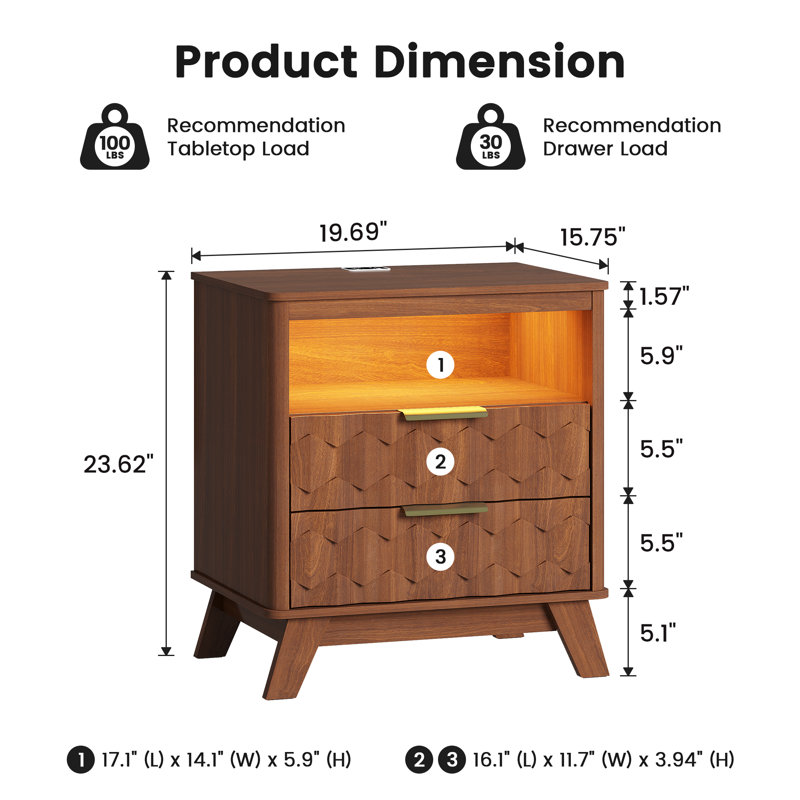 19.7'' W 2-Drawer Nightstand With Built-In Outlets And Human Sensor Light, Brown