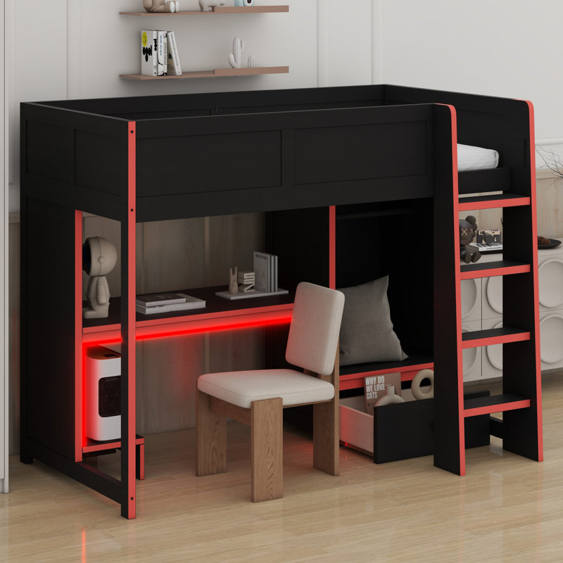 Lit mezzanine en bois avec bureau intégré, garde-robe, DEL et tiroir, Simple