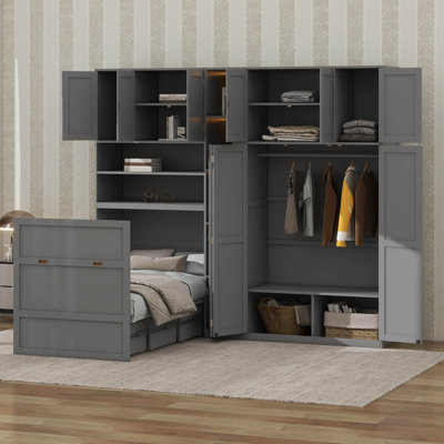 Twin Murphy Cabinet Bed with Wardrobe & Storage Shelves, 5-Tier LED Display Shelves, Overhead Cabinets
