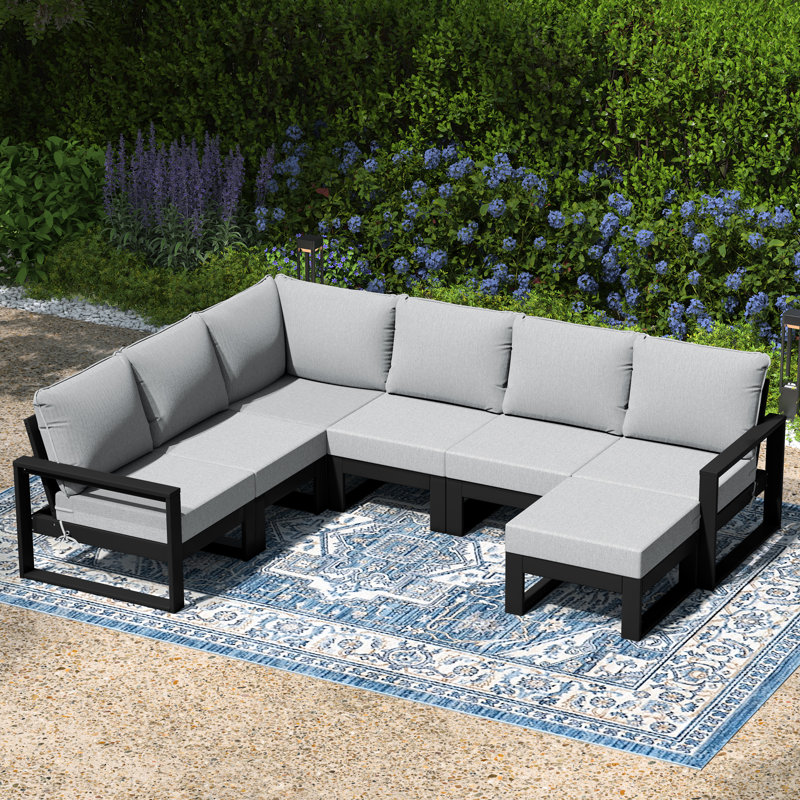 Patio 7-Piece Deep Seating Set With Ottoman With Frame, Light Gray, Black