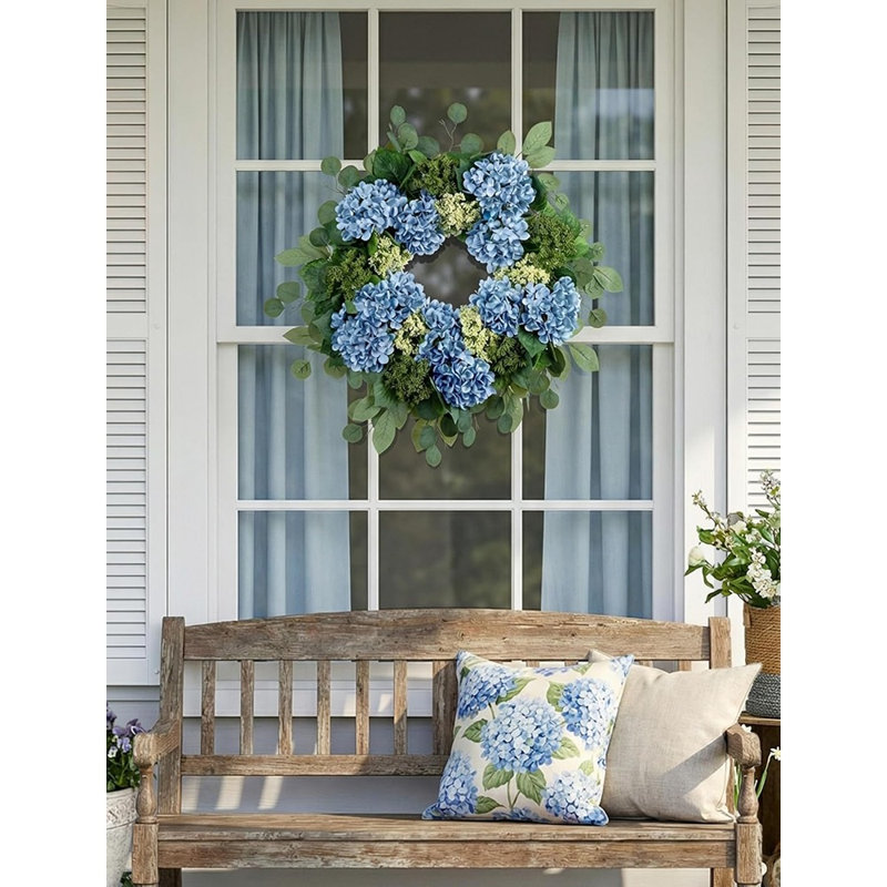Couronne de porte d'hortensia artificielle - Couronne florale printanière d'été bleu pour l'intérieur et l'extérieur