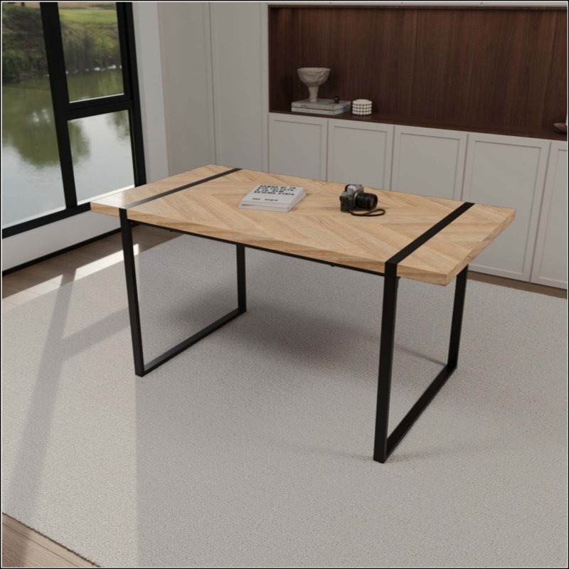 Table de salle à manger moderne en bois aggloméré rectangulaire industriel en bois clair, pour 4 à 6 personnes, plateau de table en bois d'ingénierie de 1,5 po d'épaisseur et pieds en métal rectangulaires, utilisé pour la maison et la cuisine