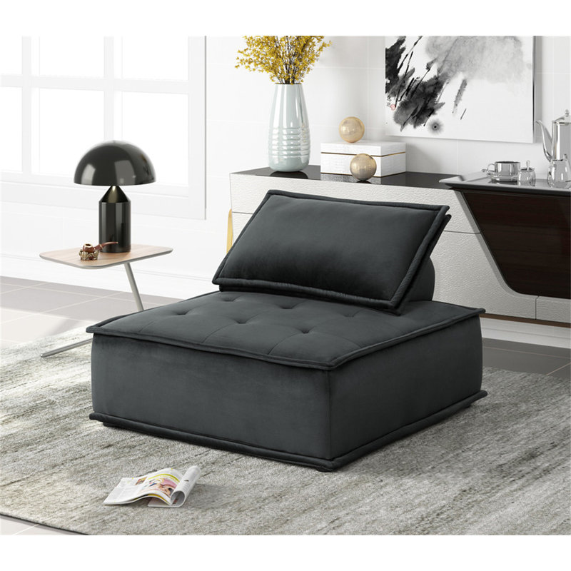 Aveline 80"W Black Velvet 3 Pc Sectional Sofa Ottoman, Black