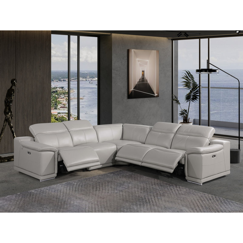Canapé modulaire inclinable en cuir italien 5 pièces Crasia, Cuir véritable gris clair