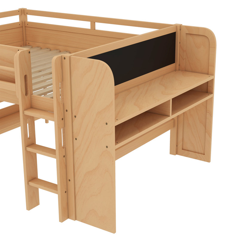 Lit mezzanine double avec bibliothèques, boîtes et tiroirs à rangement multiple, lits mezzanine bas en bois massif avec bureau et tableau noir, aucun sommier nécessaire, naturel