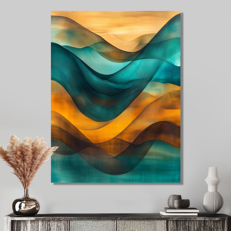 Vagues de turquoise et de brun - art mural abstrait en métal, impression moderne sur métal, L 16 po x H 32 po