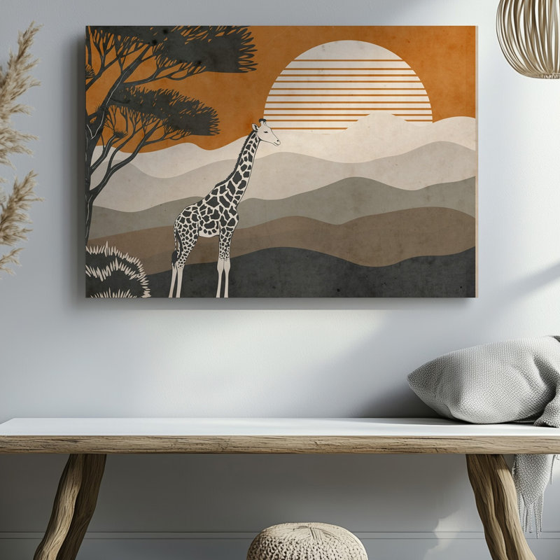 Toile, une illustration stylisée mettant en vedette une girafe solitaire dans un profil, art mural sur fond gracieux sur toile de fond chaleureux