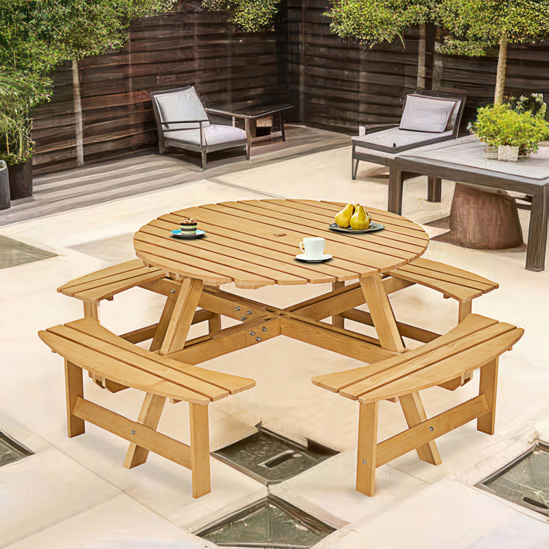 Outdoor 8 Person Round Picnic Table With 4 Built-In Benches, Natural