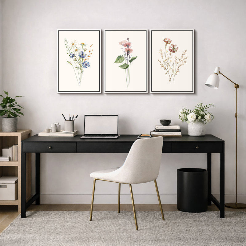 "Minimal Botanical" Pastel Wild Flower Daisy Variétés, Cadre flottant blanc, H 36 po x l 72 po