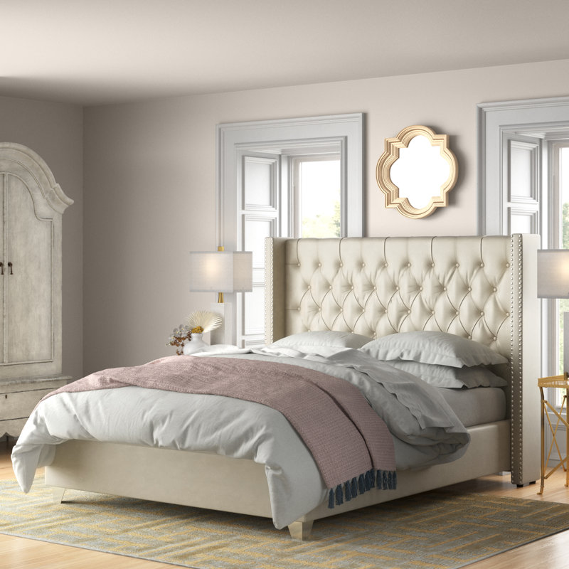 Upholstered Wingback Bed, Off-White, Full/Double