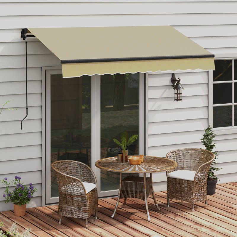 Auvent de jardin rétractable 8 pi x 6,5 pi, abri de jardin avec contrôle manuel, tissu 280 g / m², cadre en aluminium, parasol de couleur beige résistant à l'eau, cadre pour différentes surfaces,