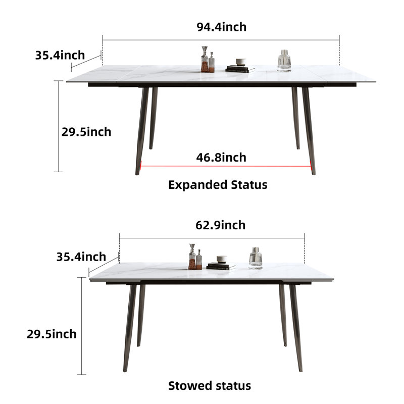 Gheorghi 62.9" to 94.4" Extendable Dining Tables for 6 to 10 - Rectangle White Dining Table