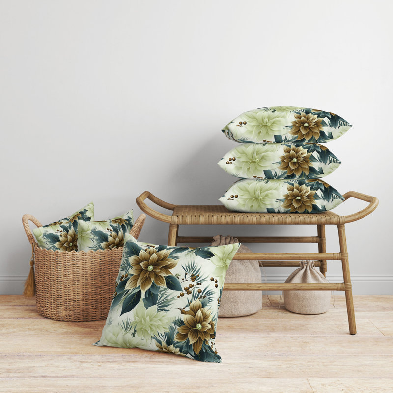 Holiday Floral Blue and Coffee Square Throw Pillow