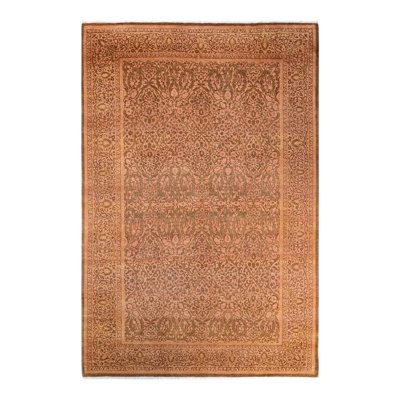 Tapis jaune en laine noué à la main de conception unique 6 pi 3 po x 9 pi 3 po Hayner